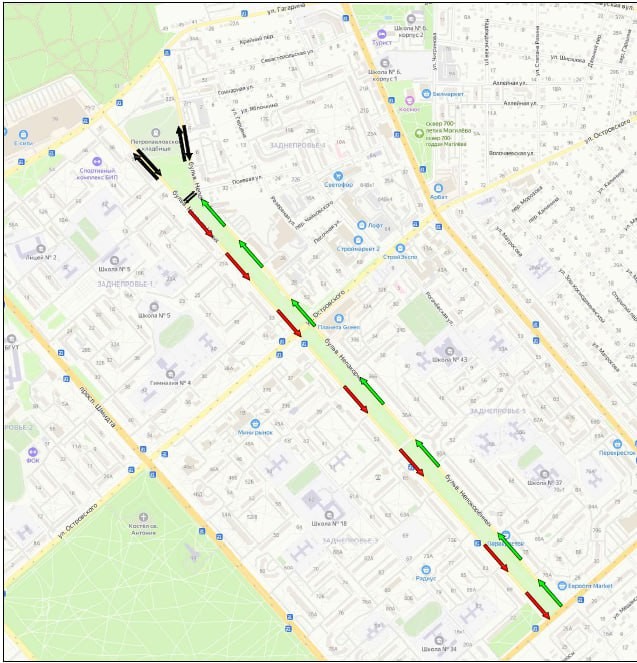 Схема движения транспорта по бульвару Непокоренных в Могилеве. 