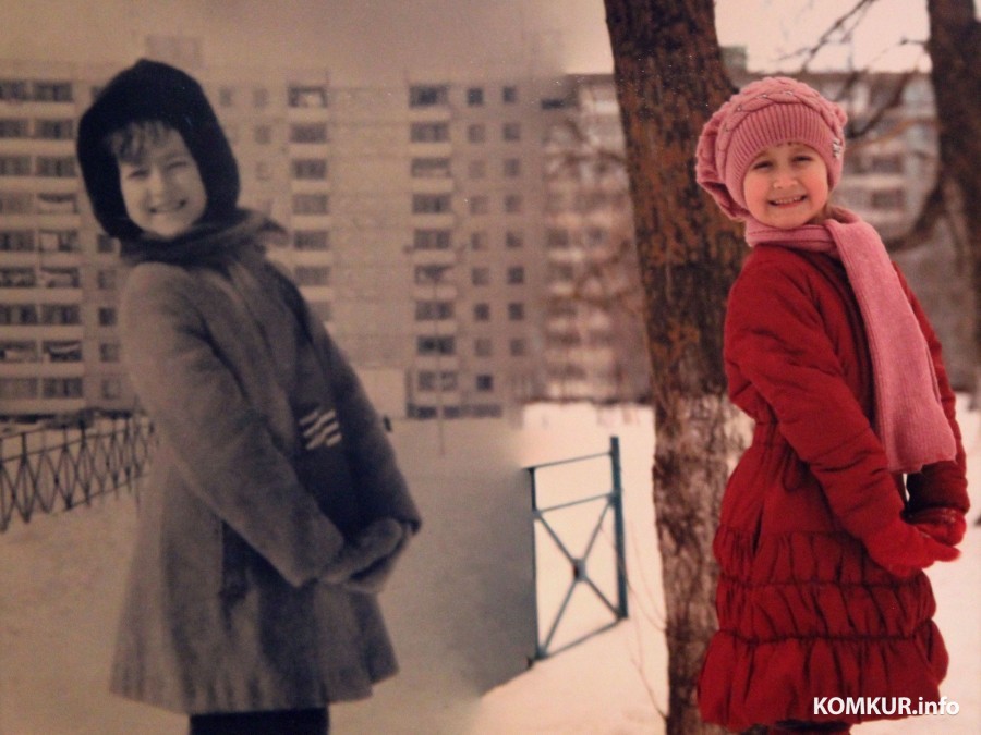 Дочь Надежда в возрасте 9 лет во дворе дома №29 по улице Мовчанского в 1984 году и ее дочь Маша на том же самом месте в 2010 году. Фото из семейного архива семьи Гаврюшенко.